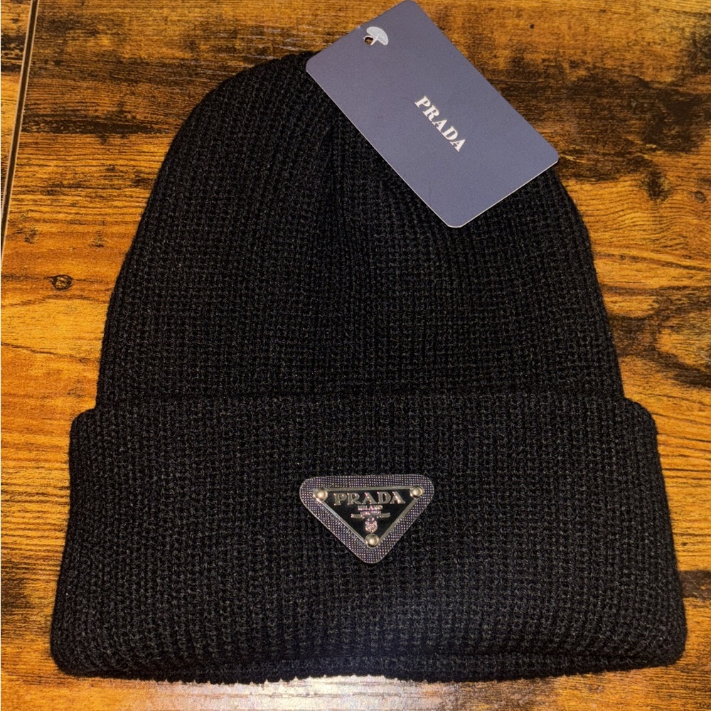 Prada Black Knit Beanie with Logo